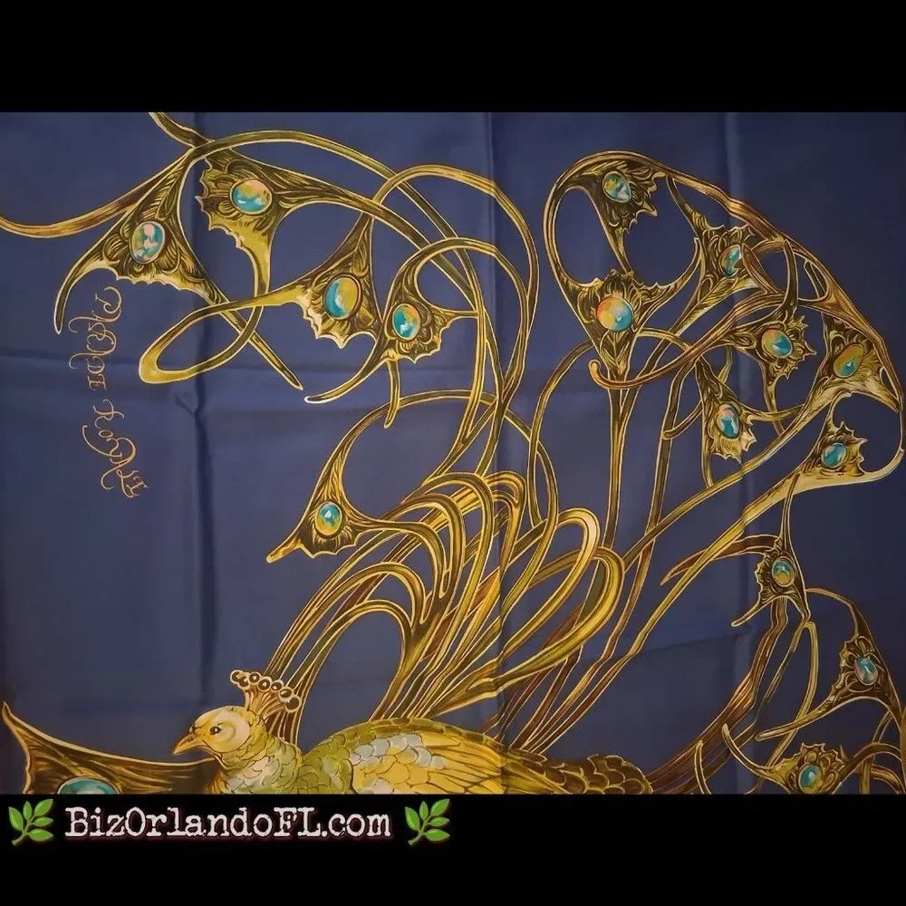 VINTAGE Lalique Paris 100% Silk Square Scarf Art Nouveau Paradise Royale Peacock